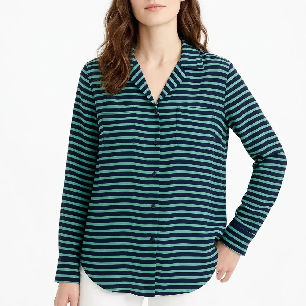 J.Crew 100% Silk Green Lightweight Striped Button-Up Shirt Women Size XL